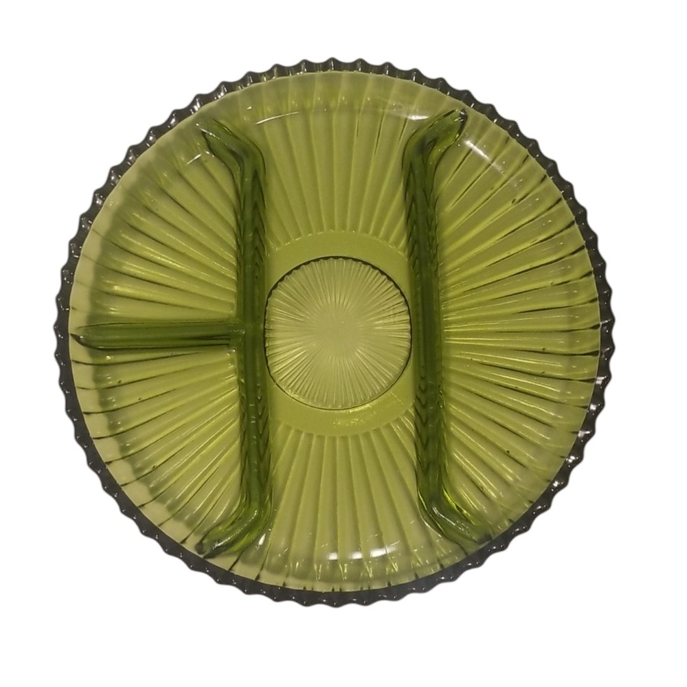 Vintage Olive Green Depression‎ Glass Sunburst Divided Relish Platter